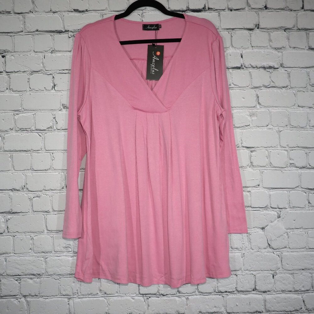 NWT - Women's Plus Long Sleeve V-Neck Top - Pink